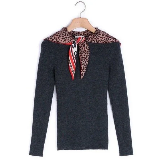 Sandro PARIS Women’s Size 2WOOL Blend Gray Bonte Sweater SILK Scarf Hoodie